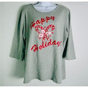 QUAKER FACTORY HAPPY HOLIDAYS GRAY & RED 3/4 SLEEVE SWEATSHIRT. WOMEN XL